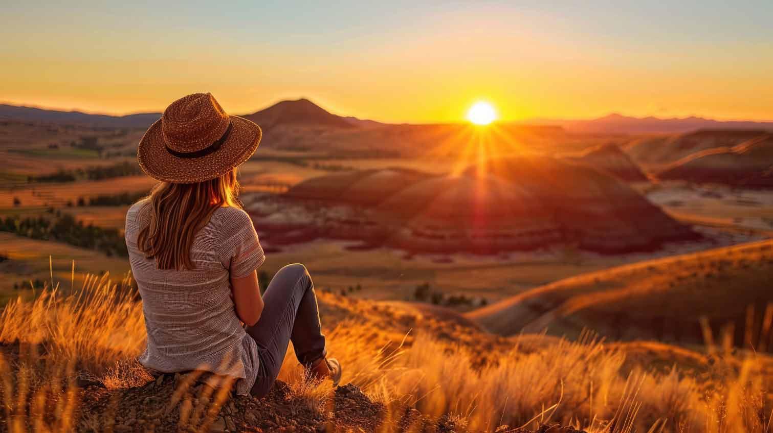 Woman sitting in grass and looking at the Painted Hills, Oregon